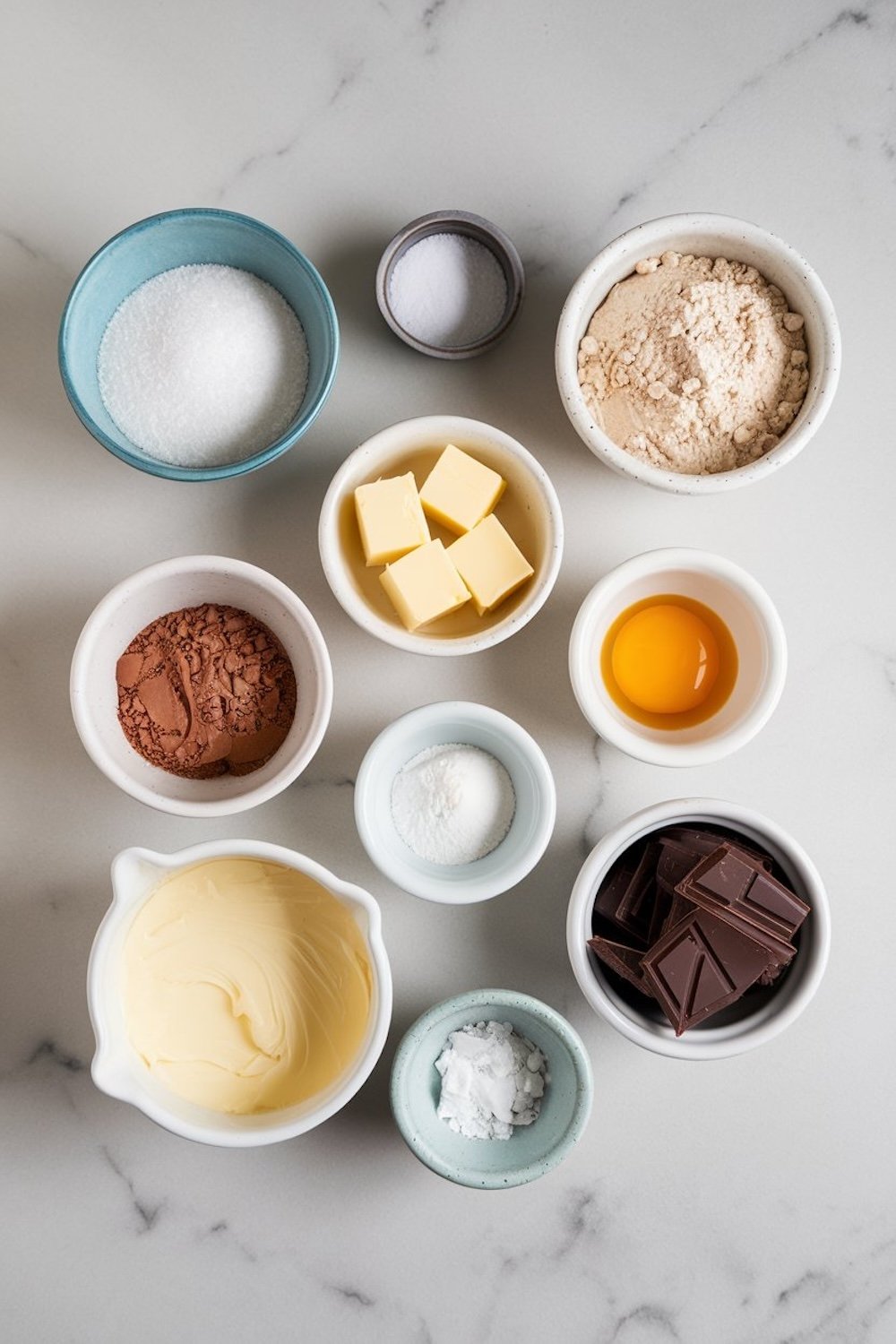 Flat lay of baking ingredients including sugar, salt, flour, cocoa powder, butter, egg yolk, chocolate chunks, vanilla, and heavy cream arranged in ceramic bowls on a marble countertop.