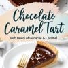 Chocolate caramel tart topped with flaky sea salt, showing glossy chocolate ganache in a fluted crust with a branding-style text overlay: “Chocolate Caramel Tart – Rich Layers of Ganache & Caramel.”