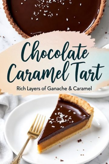 Chocolate caramel tart topped with flaky sea salt, showing glossy chocolate ganache in a fluted crust with a branding-style text overlay: “Chocolate Caramel Tart – Rich Layers of Ganache & Caramel.”