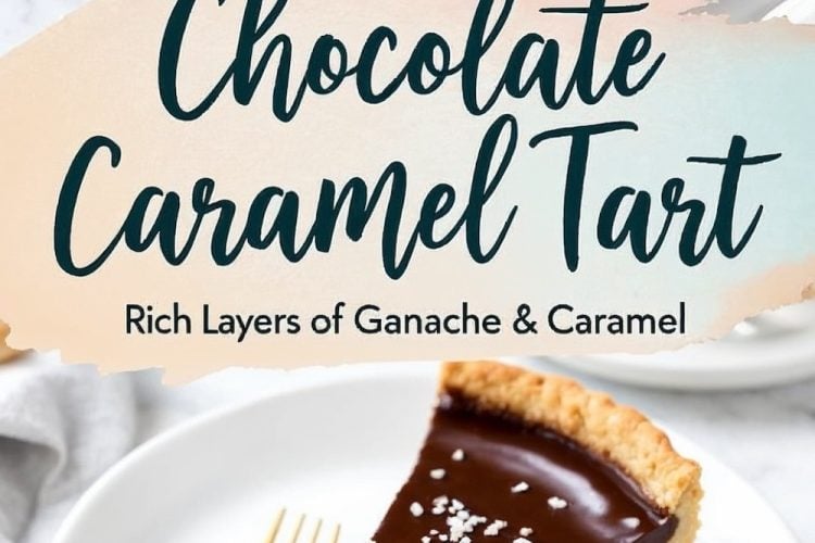 Chocolate caramel tart topped with flaky sea salt, showing glossy chocolate ganache in a fluted crust with a branding-style text overlay: “Chocolate Caramel Tart – Rich Layers of Ganache & Caramel.”