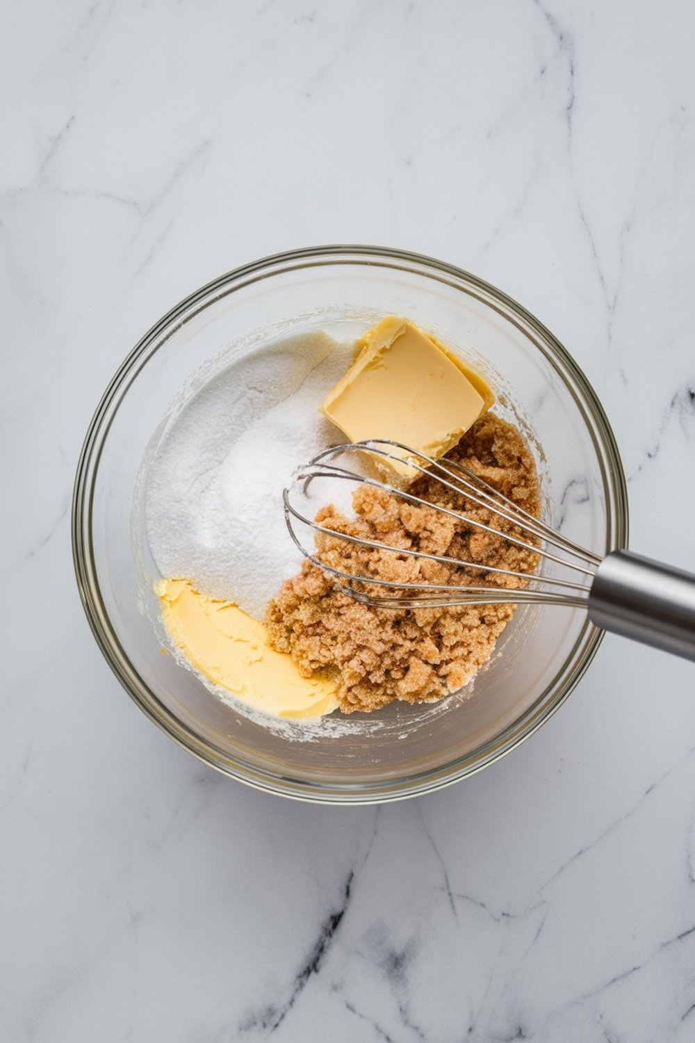 A glass bowl filled with butter, granulated sugar, and brown sugar being creamed together with a whisk, resting on a marble countertop.