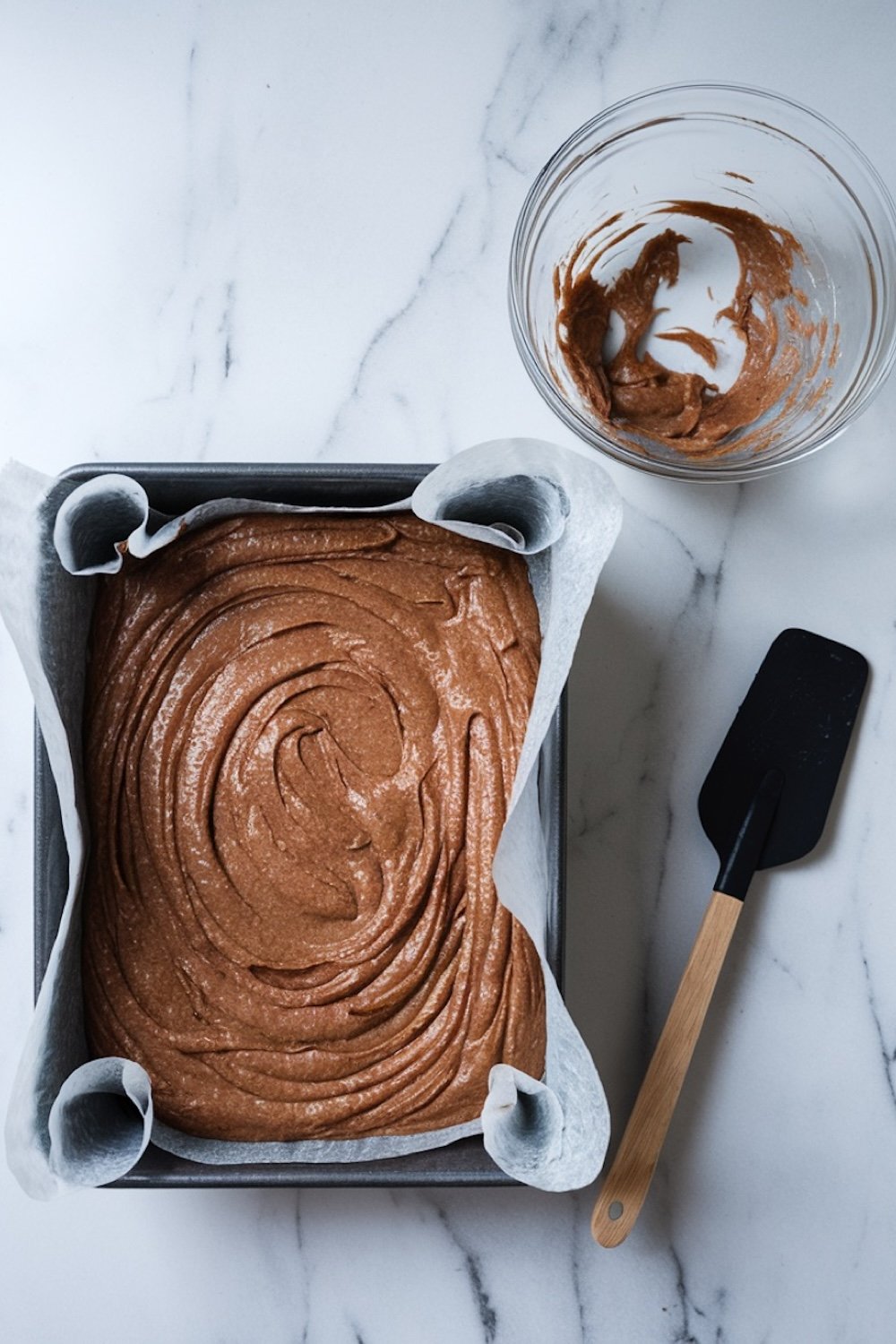 A baking pan lined with parchment paper filled with smooth chocolate brownie batter, ready for baking. Beside the pan is a glass bowl with remnants of batter and a black spatula on a marble countertop.