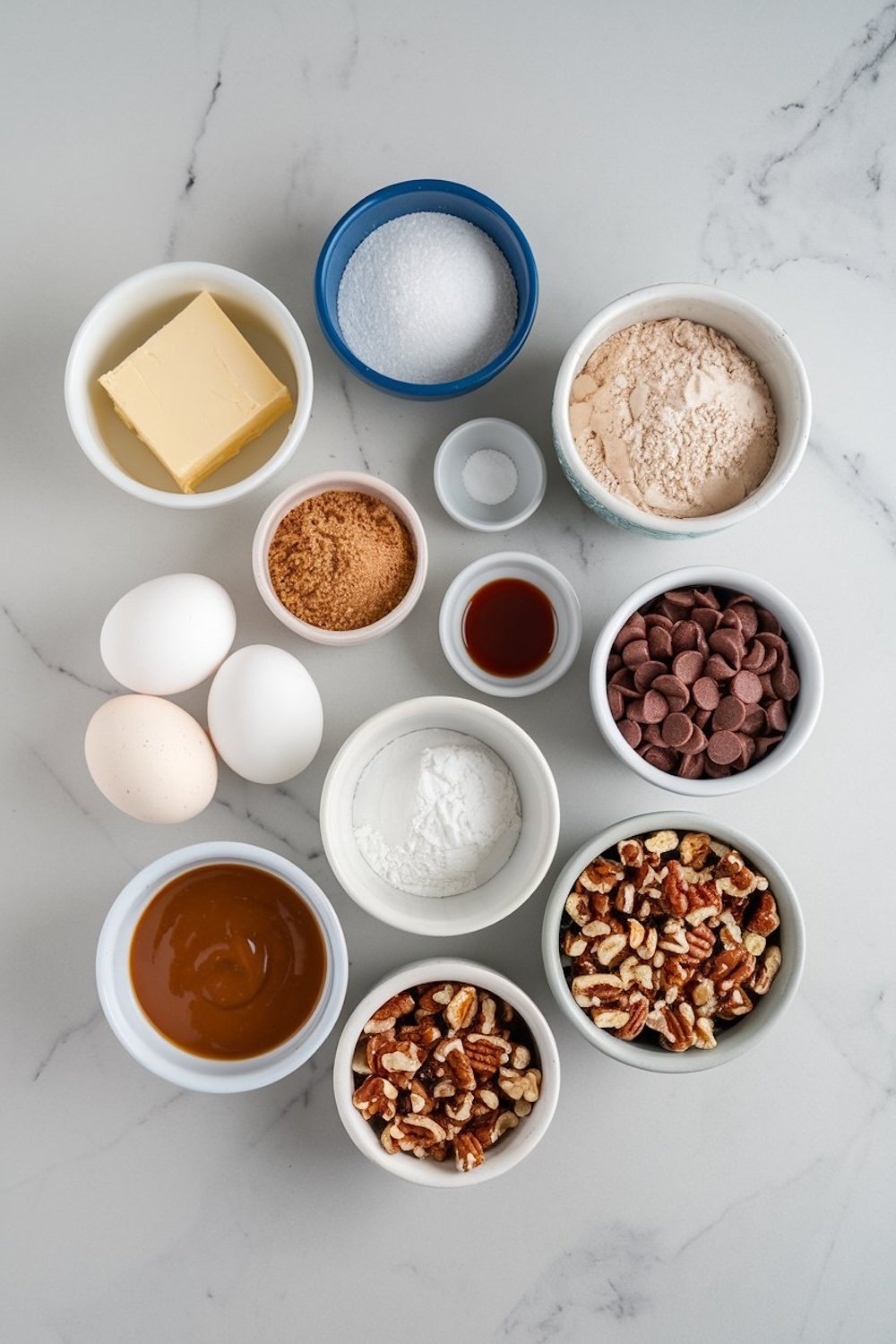 A flat lay of turtle brownie ingredients arranged in bowls on a marble countertop. Includes butter, eggs, sugar, brown sugar, flour, vanilla extract, baking powder, chocolate chips, caramel, and chopped pecans.