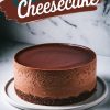 A whole chocolate cheesecake with smooth chocolate ganache on a white plate, set against a marble background. The text overlay reads “Chocolate Cheesecake.”