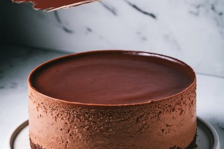 A whole chocolate cheesecake with smooth chocolate ganache on a white plate, set against a marble background. The text overlay reads “Chocolate Cheesecake.”