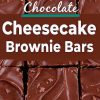 A close-up of decadent chocolate cheesecake brownie bars, sliced into even squares and arranged on a white background. The bars feature three distinct layers: a rich, fudgy brownie base, a creamy cheesecake center, and a glossy, swirled chocolate ganache topping. Small chocolate shavings are scattered across the ganache for added texture and detail. Text overlay reads “Chocolate Cheesecake Brownie Bars,” highlighting the dessert’s indulgent appeal.