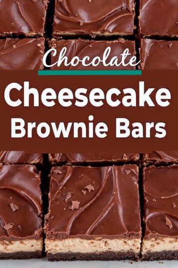 A close-up of decadent chocolate cheesecake brownie bars, sliced into even squares and arranged on a white background. The bars feature three distinct layers: a rich, fudgy brownie base, a creamy cheesecake center, and a glossy, swirled chocolate ganache topping. Small chocolate shavings are scattered across the ganache for added texture and detail. Text overlay reads “Chocolate Cheesecake Brownie Bars,” highlighting the dessert’s indulgent appeal.
