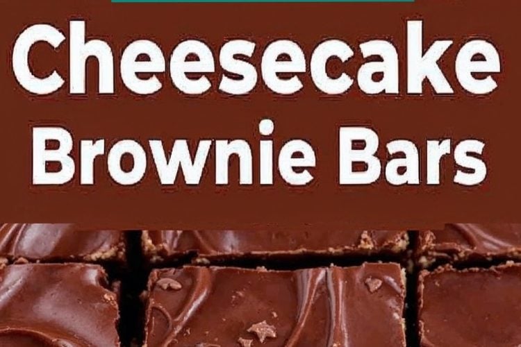A close-up of decadent chocolate cheesecake brownie bars, sliced into even squares and arranged on a white background. The bars feature three distinct layers: a rich, fudgy brownie base, a creamy cheesecake center, and a glossy, swirled chocolate ganache topping. Small chocolate shavings are scattered across the ganache for added texture and detail. Text overlay reads “Chocolate Cheesecake Brownie Bars,” highlighting the dessert’s indulgent appeal.