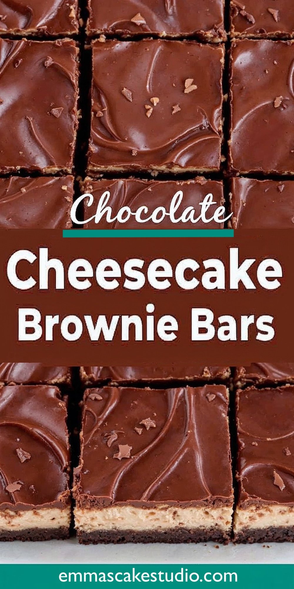 An organized grid of chocolate cheesecake brownie bars, highlighting their perfect layers: a fudgy chocolate brownie base, a rich and smooth cheesecake filling, and a glossy ganache topping with delicate swirls. The texture of the cheesecake contrasts beautifully with the dense brownie and shiny chocolate. Text overlay reads “Chocolate Cheesecake Brownie Bars” with a banner promoting “emmascakestudio.com” at the bottom, emphasizing the dessert’s indulgence and shareable quality.