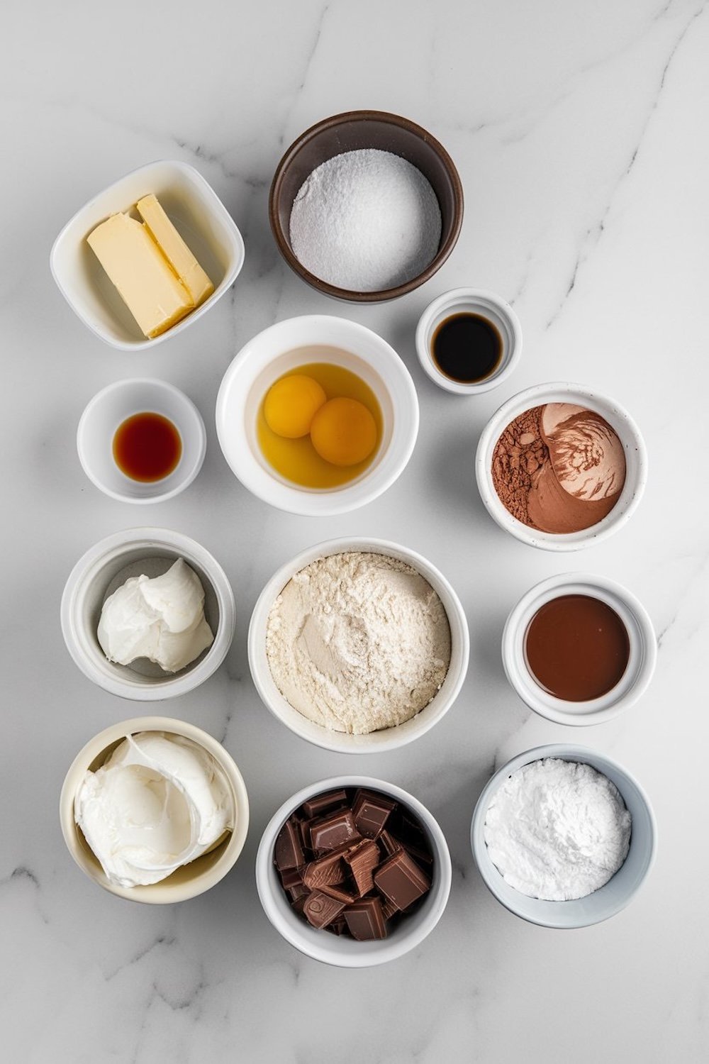 An assortment of ingredients for chocolate cheesecake arranged on a marble surface, including flour, cocoa powder, eggs, butter, sugar, cream cheese, sour cream, vanilla extract, and chocolate chunks, displayed in small bowls and dishes.