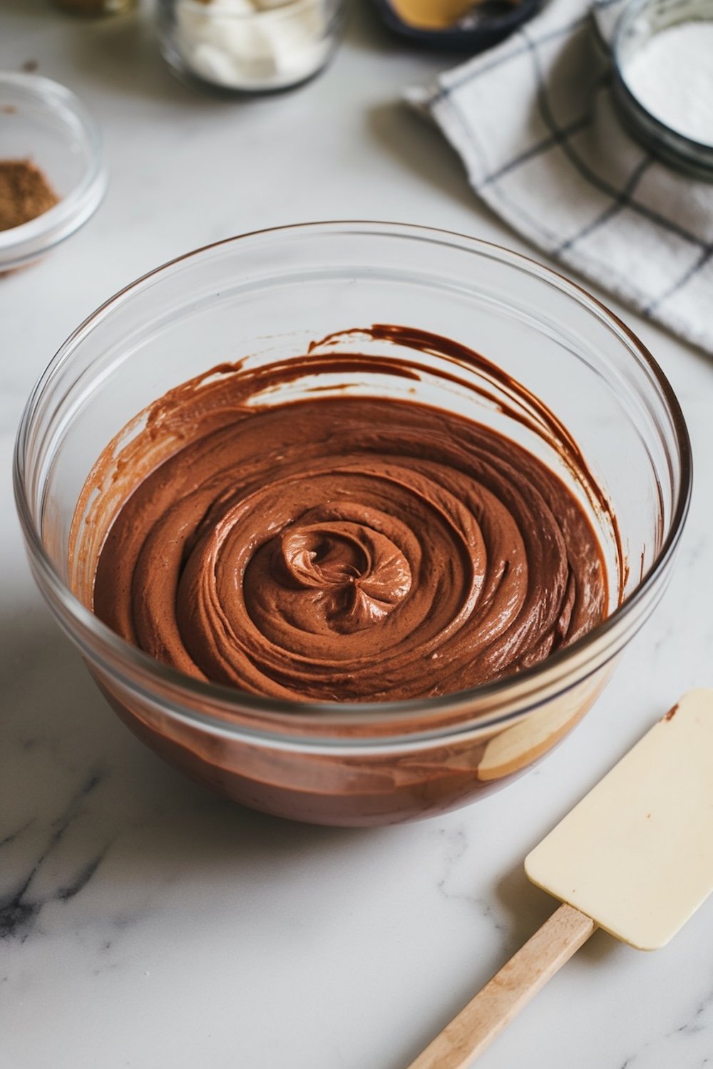 A glass bowl of thick, smooth chocolate cheesecake batter, swirled neatly, placed on a marble countertop next to a silicone spatula.
