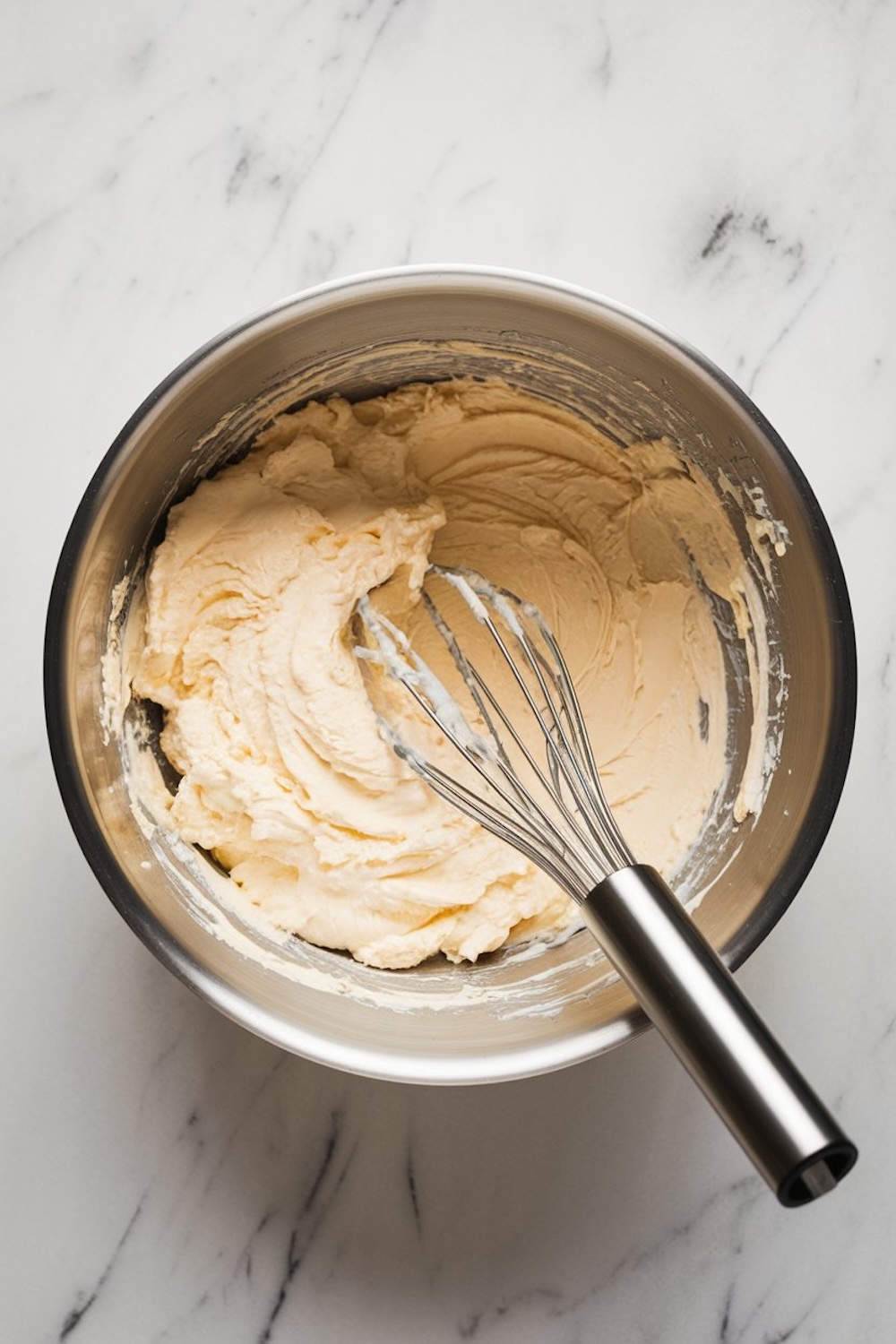 A stainless steel mixing bowl with whipped mascarpone-based cream, showing its silky smooth texture. A metal whisk rests on the side, capturing the preparation process for the cannoli dip.