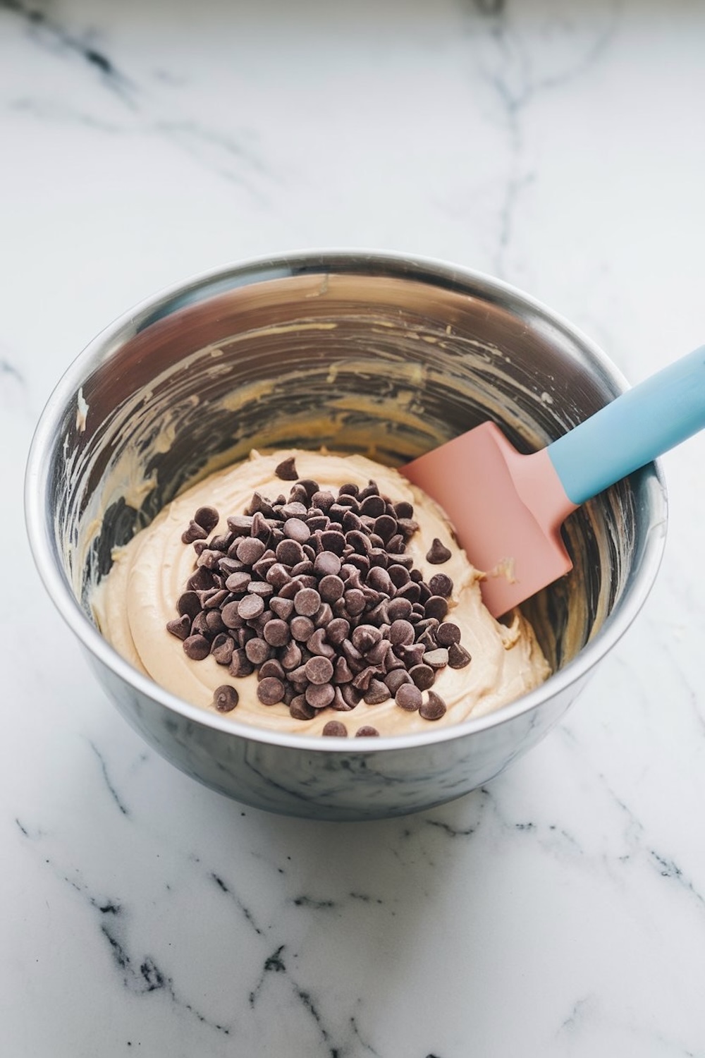 A mixing bowl filled with creamy dip, topped with a generous sprinkle of chocolate chips. A pink spatula leans against the bowl, ready to fold in the ingredients.