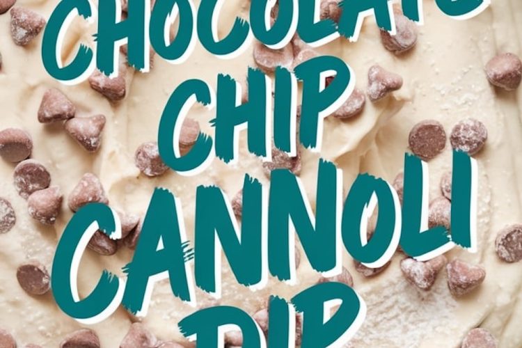 A bowl filled with creamy chocolate chip cannoli dip, garnished with powdered sugar and semi-sweet chocolate chips. The rustic ceramic bowl highlights the dip’s rich texture. Bold teal text reads “Chocolate Chip Cannoli Dip.”
