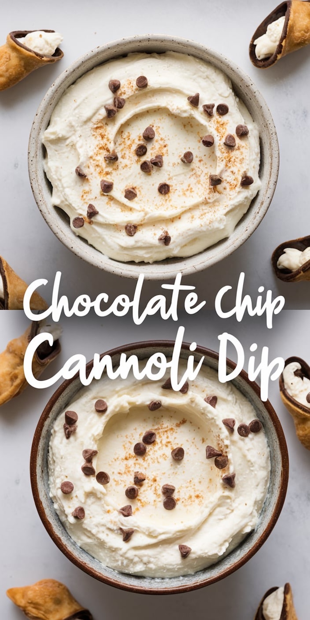 A collage featuring two bowls of chocolate chip cannoli dip garnished with chocolate chips and a dusting of cinnamon. Cannoli shells filled with dip are styled around the bowls, emphasizing its versatility as a dessert or snack. Bold white text reads “Chocolate Chip Cannoli Dip.”