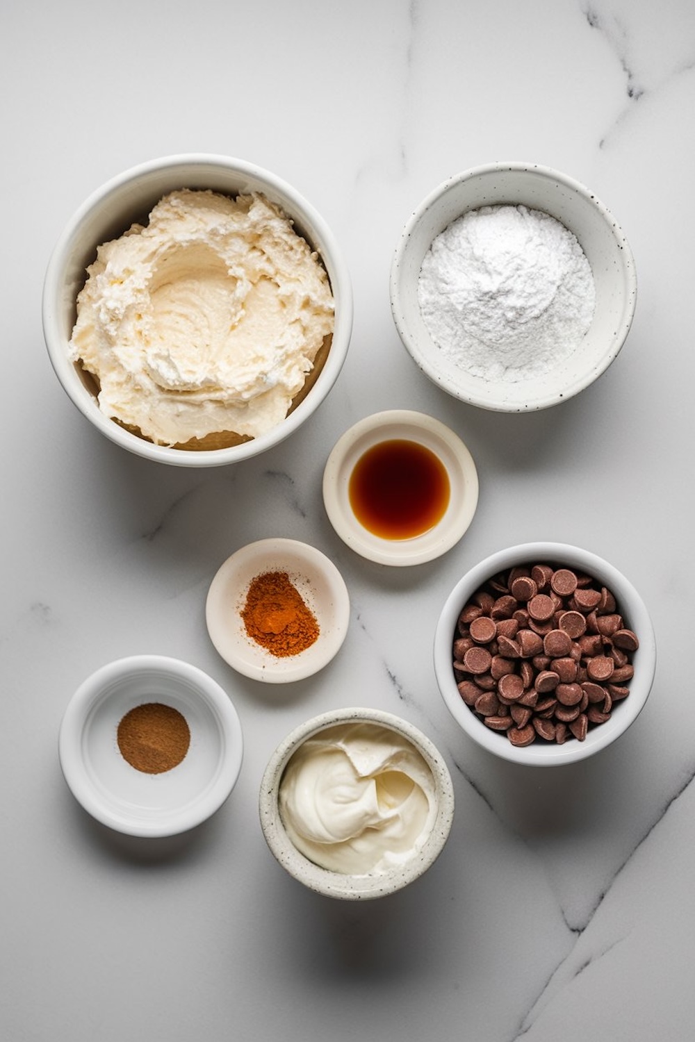 A flat lay of ingredients for cannoli dip, including mascarpone, powdered sugar, vanilla extract, cinnamon, nutmeg, sour cream, and semi-sweet chocolate chips, displayed in small bowls on a clean marble surface.