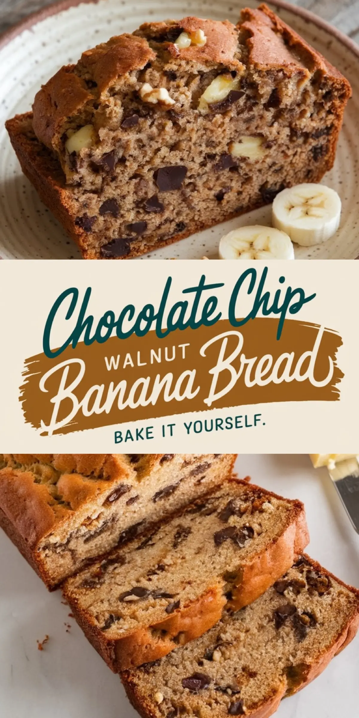 A collage with two similar banana bread images. The text overlay says, “Chocolate Chip Walnut Banana Bread – Bake it yourself.”