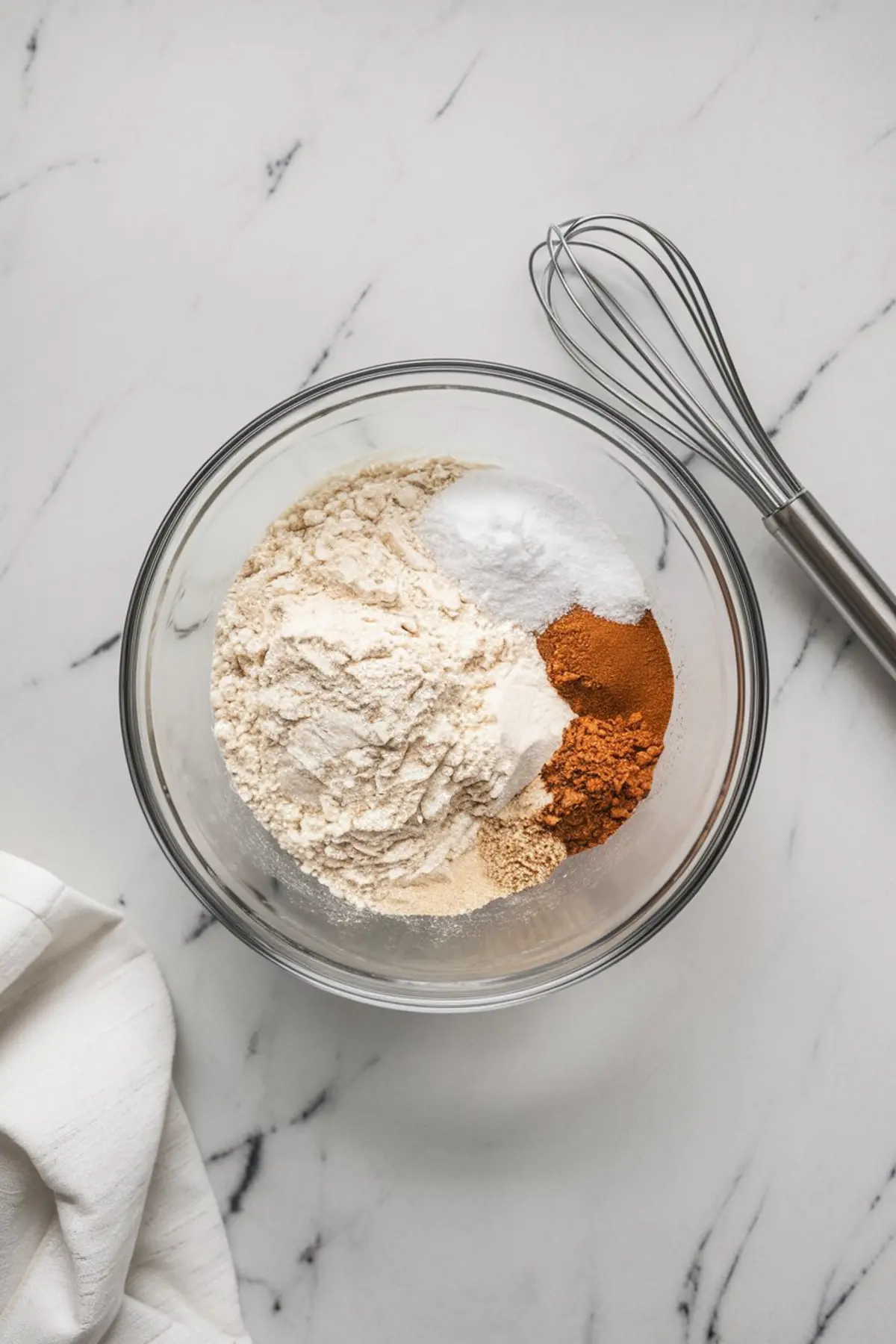 A glass mixing bowl on a marble countertop filled with dry ingredients for baking, including flour, cinnamon, baking powder, and other spices. A metal whisk rests beside the bowl.