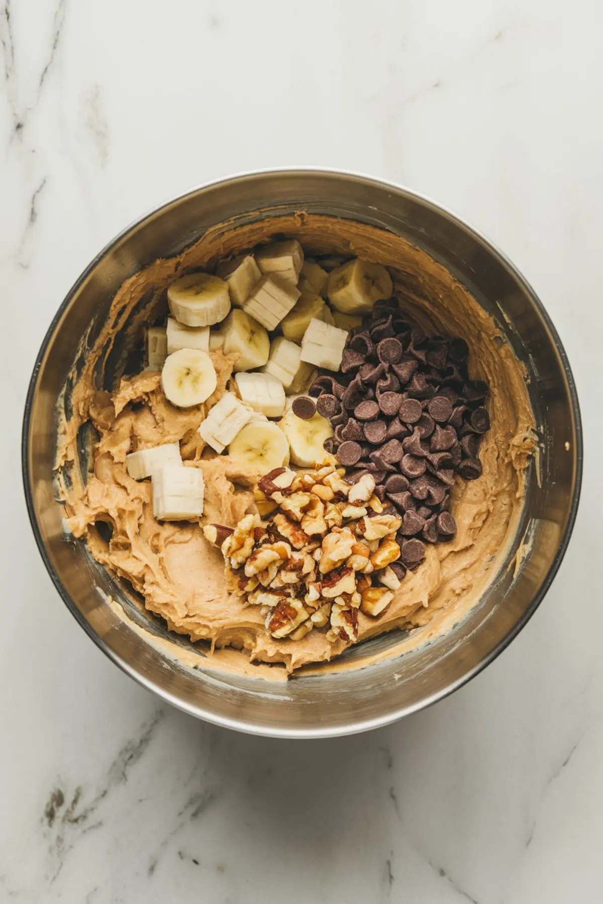 A metal mixing bowl containing banana bread batter, topped with chopped bananas, chocolate chips, and walnuts before mixing.