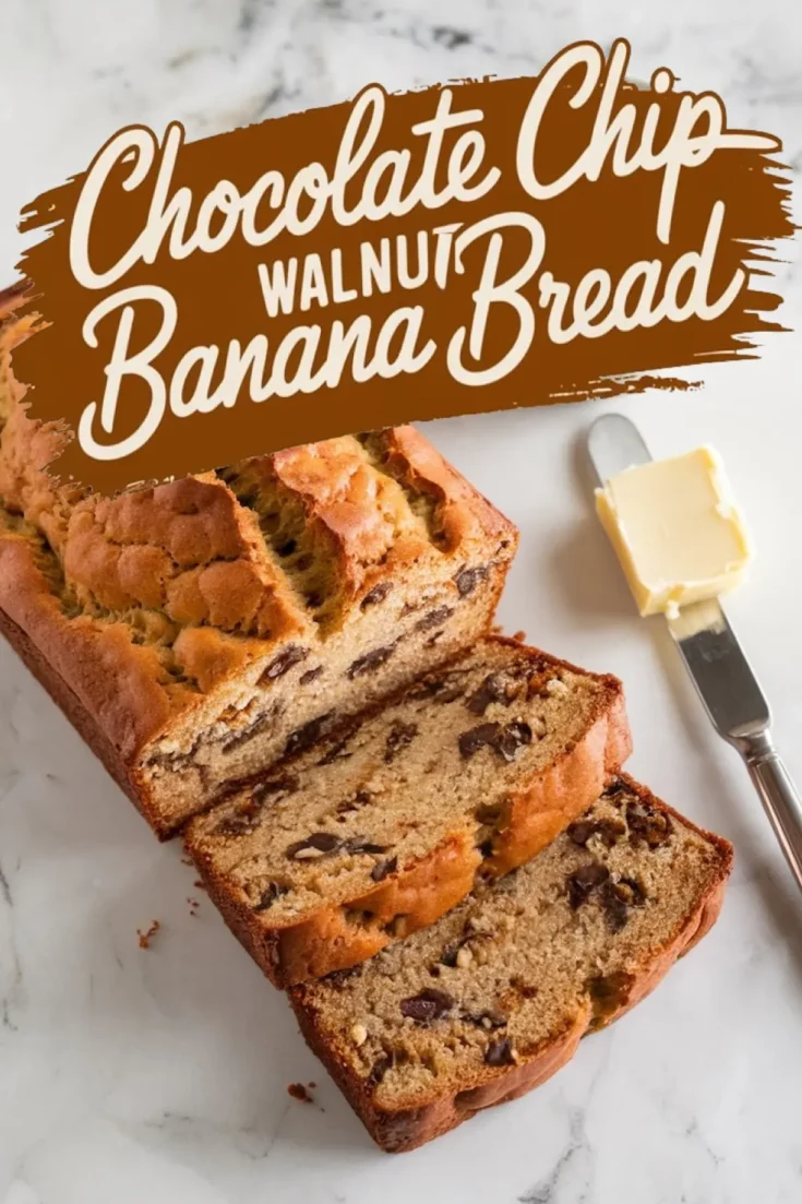 A freshly baked chocolate chip walnut banana bread loaf, partially sliced, revealing a soft texture with chocolate chips and walnuts. A butter knife with butter sits beside the loaf. Bold text overlay reads “Chocolate Chip Walnut Banana Bread.”