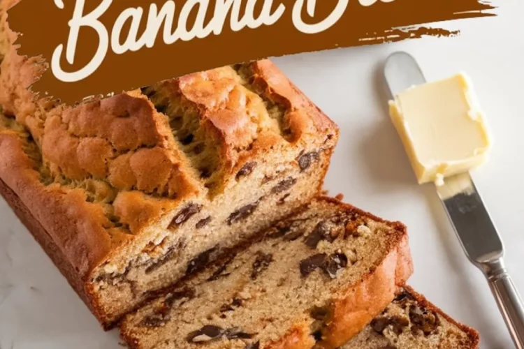 A freshly baked chocolate chip walnut banana bread loaf, partially sliced, revealing a soft texture with chocolate chips and walnuts. A butter knife with butter sits beside the loaf. Bold text overlay reads “Chocolate Chip Walnut Banana Bread.”