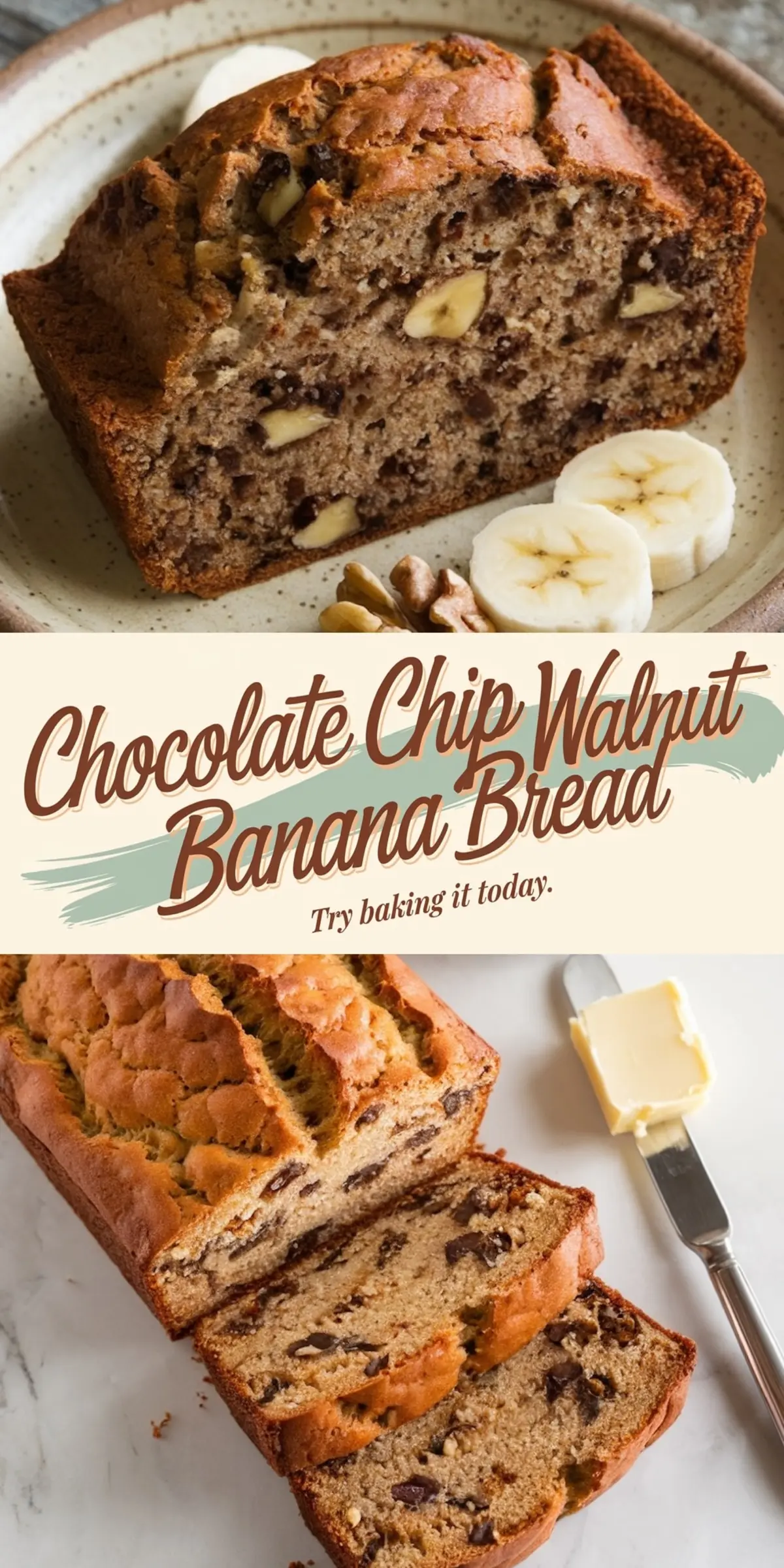 A collage featuring two images of chocolate chip walnut banana bread. The top shows a close-up of a thick slice with chocolate chips and walnuts, garnished with banana slices and whole walnuts. The bottom displays a full loaf with slices cut. A text overlay reads, “Chocolate Chip Walnut Banana Bread – Try baking it today.”