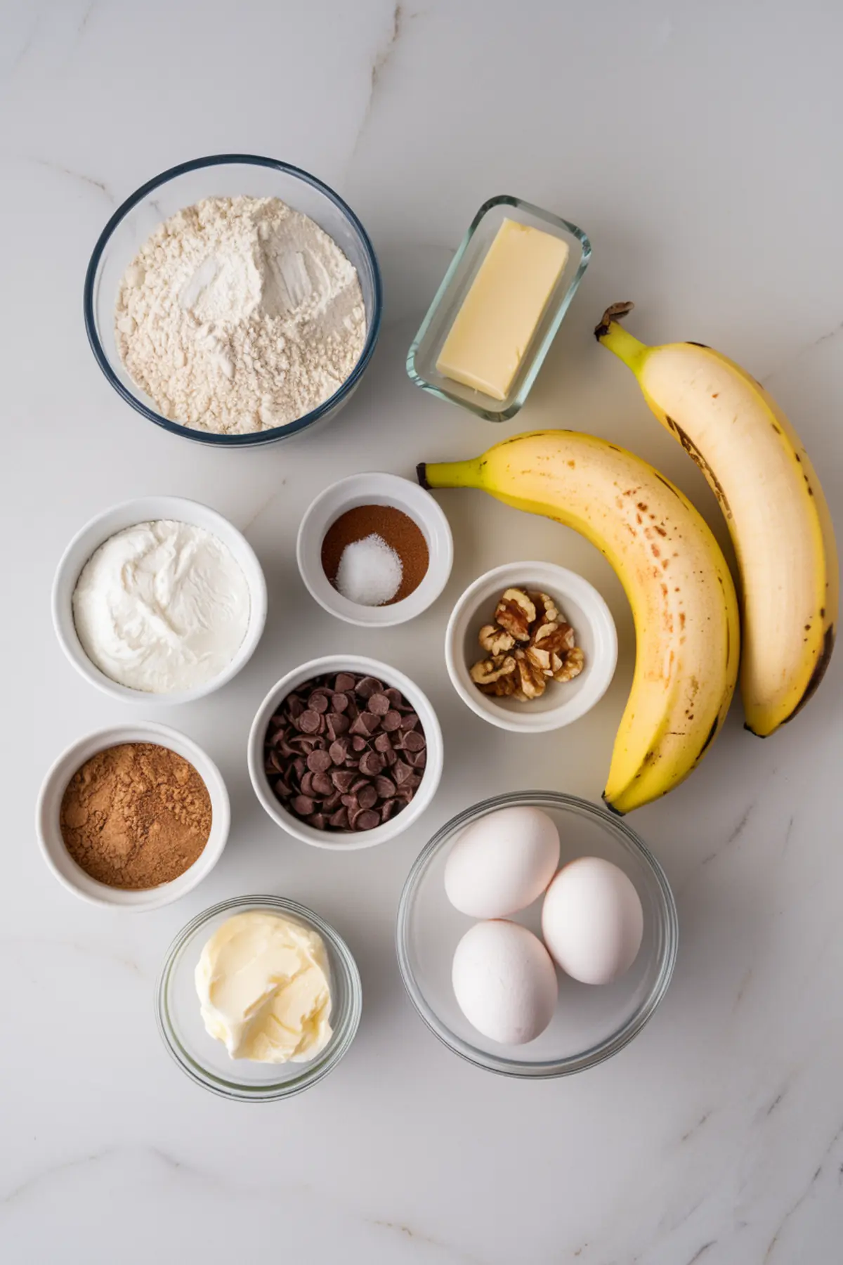 A flat lay of ingredients for banana bread, including flour, butter, eggs, bananas, chocolate chips, walnuts, yogurt, cocoa powder, and spices, arranged in small bowls on a marble countertop.