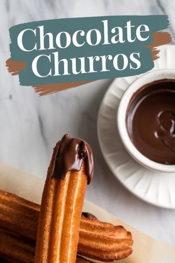 A single churro dipped in glossy melted chocolate, placed on a stack of churros. A bowl of chocolate sauce sits in the background. The text overlay “Chocolate Churros” highlights the crispy texture and rich chocolate. Designed as an eye-catching representation of the dessert.