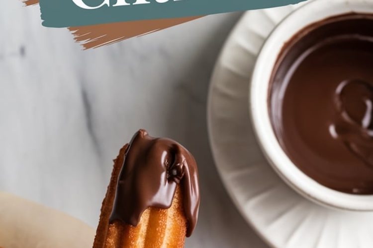 A single churro dipped in glossy melted chocolate, placed on a stack of churros. A bowl of chocolate sauce sits in the background. The text overlay “Chocolate Churros” highlights the crispy texture and rich chocolate. Designed as an eye-catching representation of the dessert.