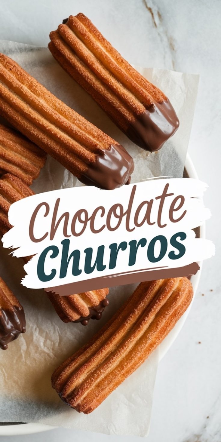 Close-up of golden-brown churros dipped in melted chocolate, served on a parchment-lined plate. The text overlay reads “Chocolate Churros,” highlighting the crisp texture and rich chocolate coating.