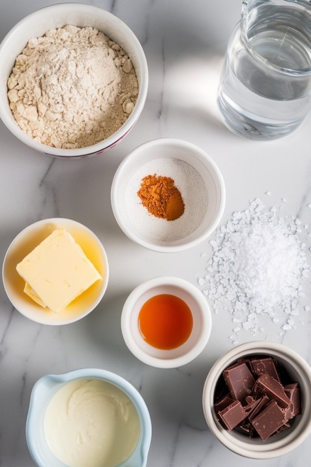 Flat lay of churro ingredients, including flour, butter, sugar, vanilla extract, cinnamon, chocolate, and water, all neatly arranged in small bowls on a marble surface.
