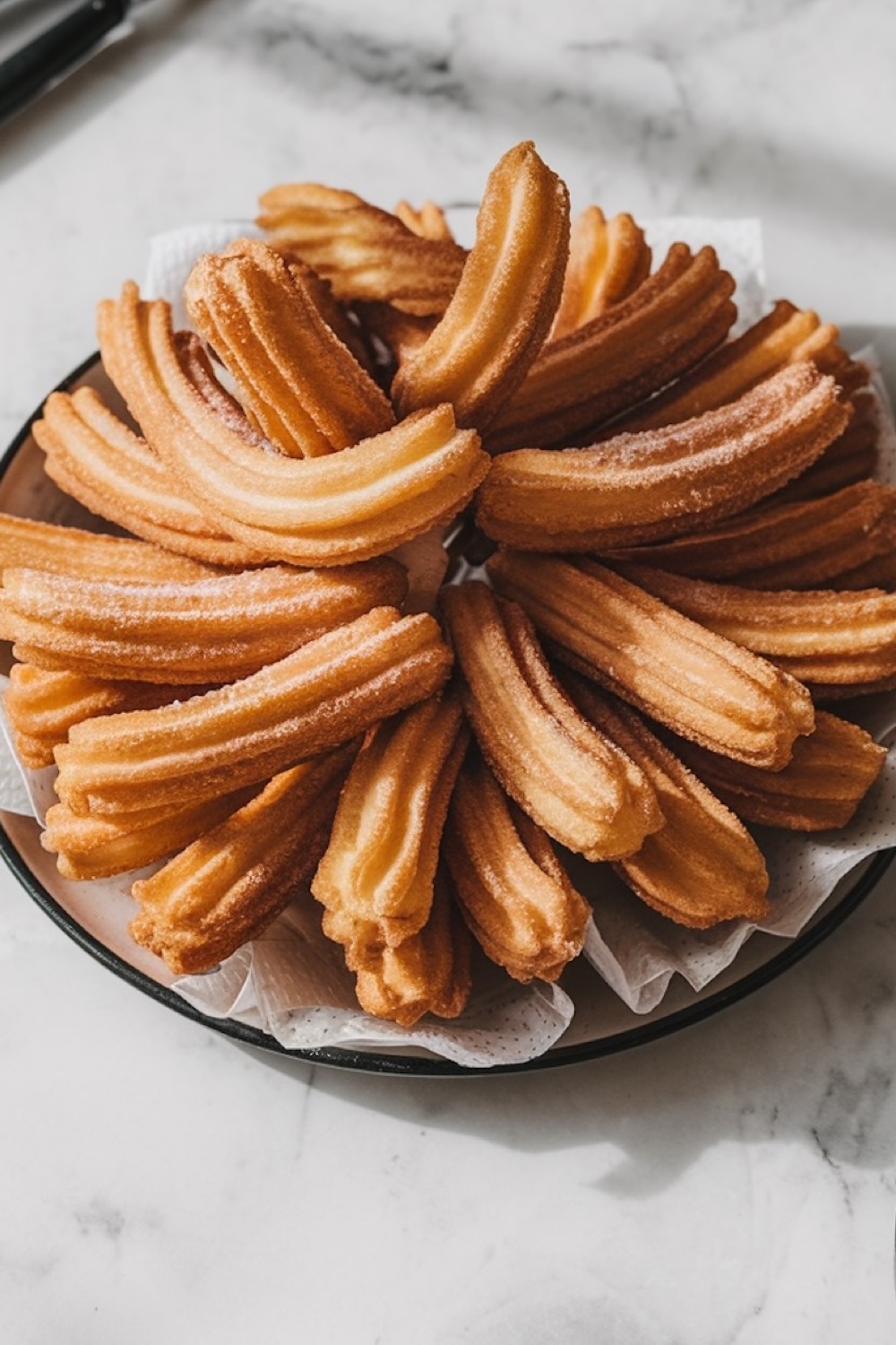 A plate stacked with freshly fried churros coated in cinnamon sugar, arranged in a circular pattern on a white napkin. The texture and golden color of the churros are emphasized.