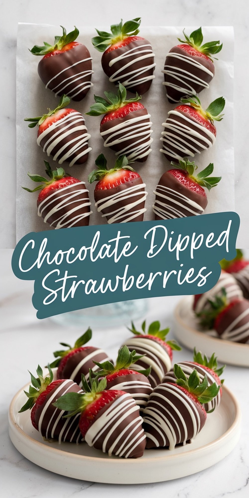 Collage featuring chocolate-dipped strawberries with text reading “Chocolate Dipped Strawberries.” The top image displays strawberries on parchment paper, while the bottom showcases them arranged on a plate.