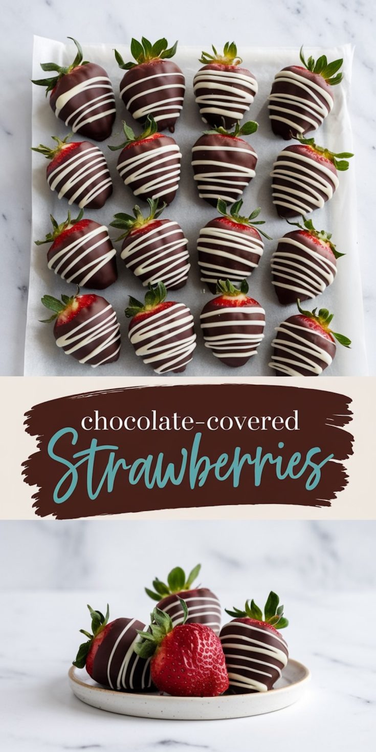 Collage of chocolate-dipped strawberries arranged on parchment paper. Each strawberry is coated in dark chocolate with white chocolate drizzle. Text overlay reads “chocolate-covered strawberries,” with additional strawberries on a plate below.