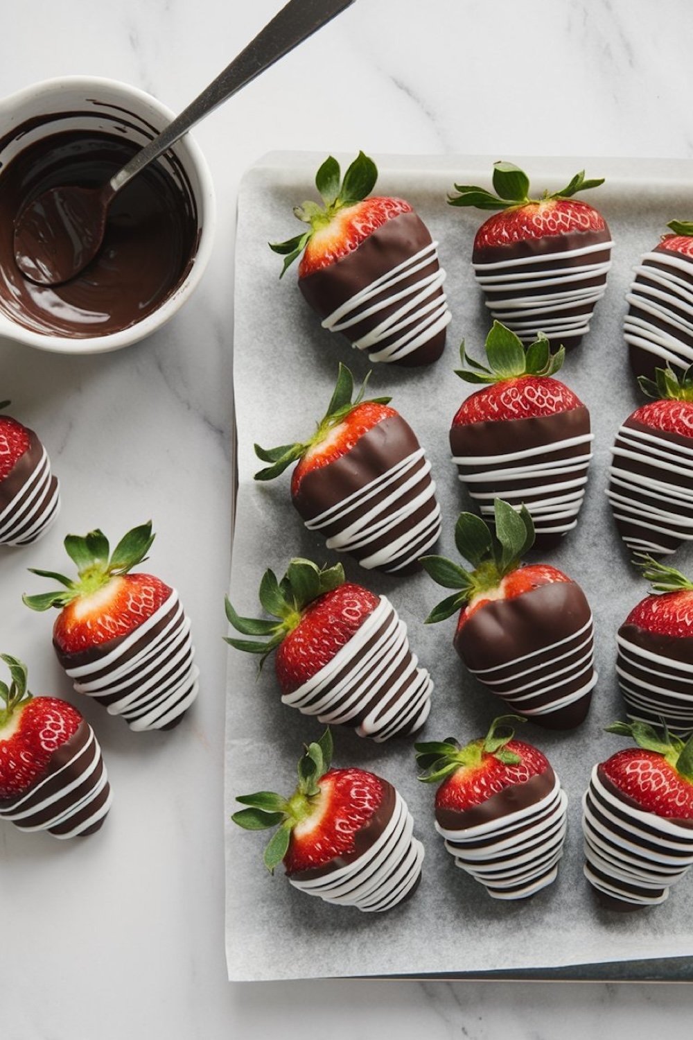 	A tray of chocolate-dipped strawberries with white chocolate drizzle, arranged neatly on parchment paper. A bowl of melted chocolate with a spoon is placed beside them, highlighting the preparation process.