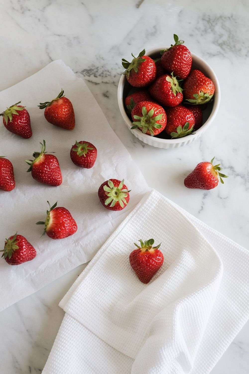 Fresh strawberries drying on paper towels, with a bowl of additional strawberries on a marble surface. The vibrant red berries are ready for dipping.