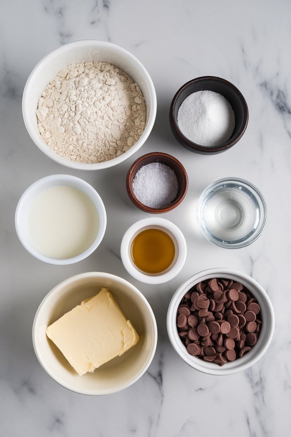 An assortment of ingredients for chocolate croissants displayed in small bowls on a marble surface, including flour, butter, sugar, chocolate chips, milk, water, and vanilla extract.