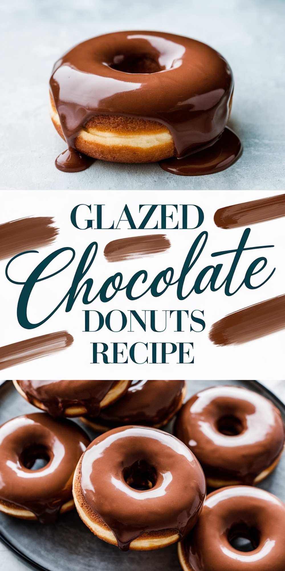 A collage with two views of chocolate-glazed donuts: the top image shows a single donut with glossy chocolate glaze dripping onto the plate, while the bottom image highlights a platter filled with multiple glazed donuts. The text overlay reads “Glazed Chocolate Donuts Recipe.”