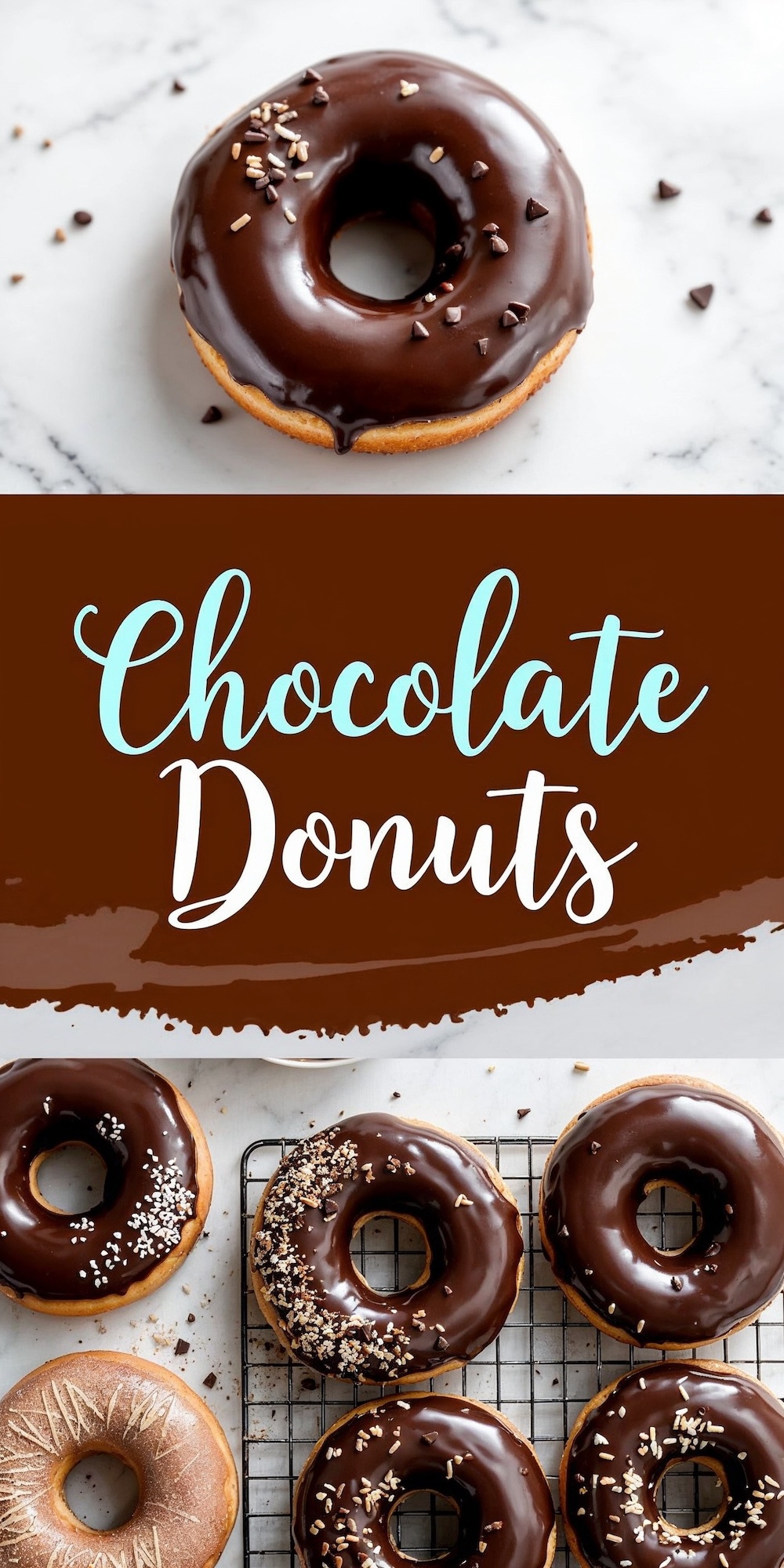 A collage with two views of chocolate donuts: the top image features a donut with glossy chocolate glaze and sprinkles on a marble surface, while the bottom image shows multiple donuts with various toppings, such as crushed nuts and sprinkles, displayed on a cooling rack. The text overlay reads “Chocolate Donuts.”