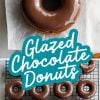 A single chocolate-glazed donut with a flawless finish resting on parchment paper, accompanied by the text overlay “Glazed Chocolate Donuts.”
