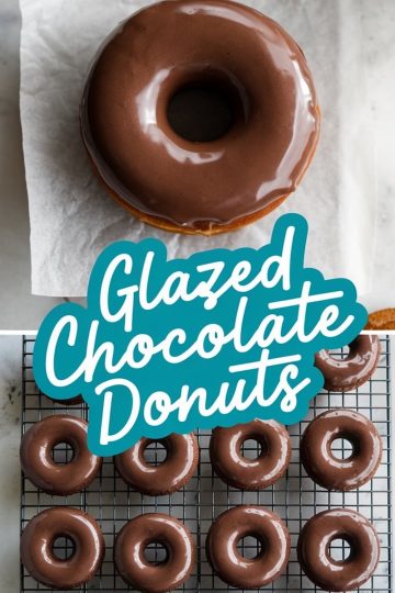 A single chocolate-glazed donut with a flawless finish resting on parchment paper, accompanied by the text overlay “Glazed Chocolate Donuts.”