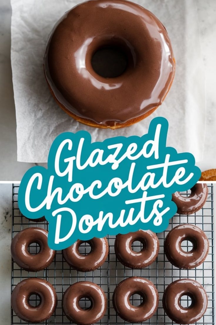 A single chocolate-glazed donut with a flawless finish resting on parchment paper, accompanied by the text overlay “Glazed Chocolate Donuts.”