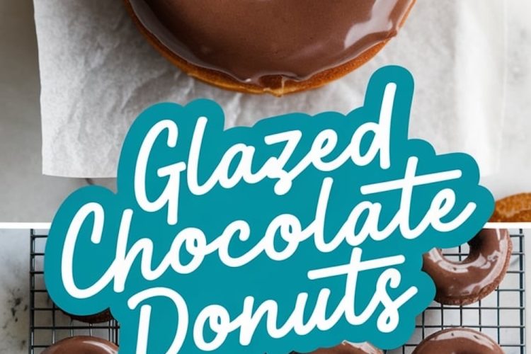 A single chocolate-glazed donut with a flawless finish resting on parchment paper, accompanied by the text overlay “Glazed Chocolate Donuts.”