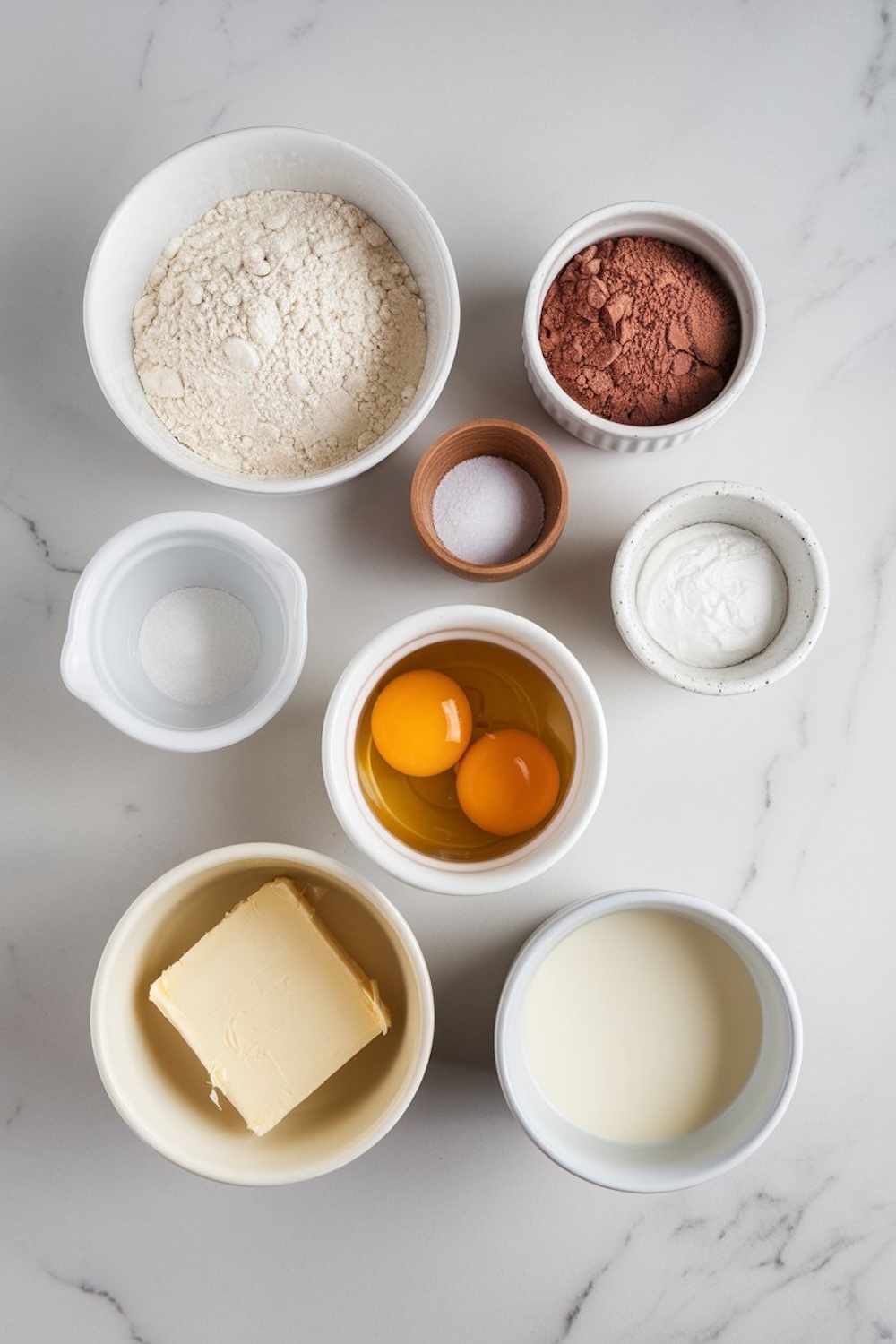 	Ingredients for chocolate donuts neatly displayed on a marble surface in small bowls, including flour, cocoa powder, eggs, butter, sugar, and milk.