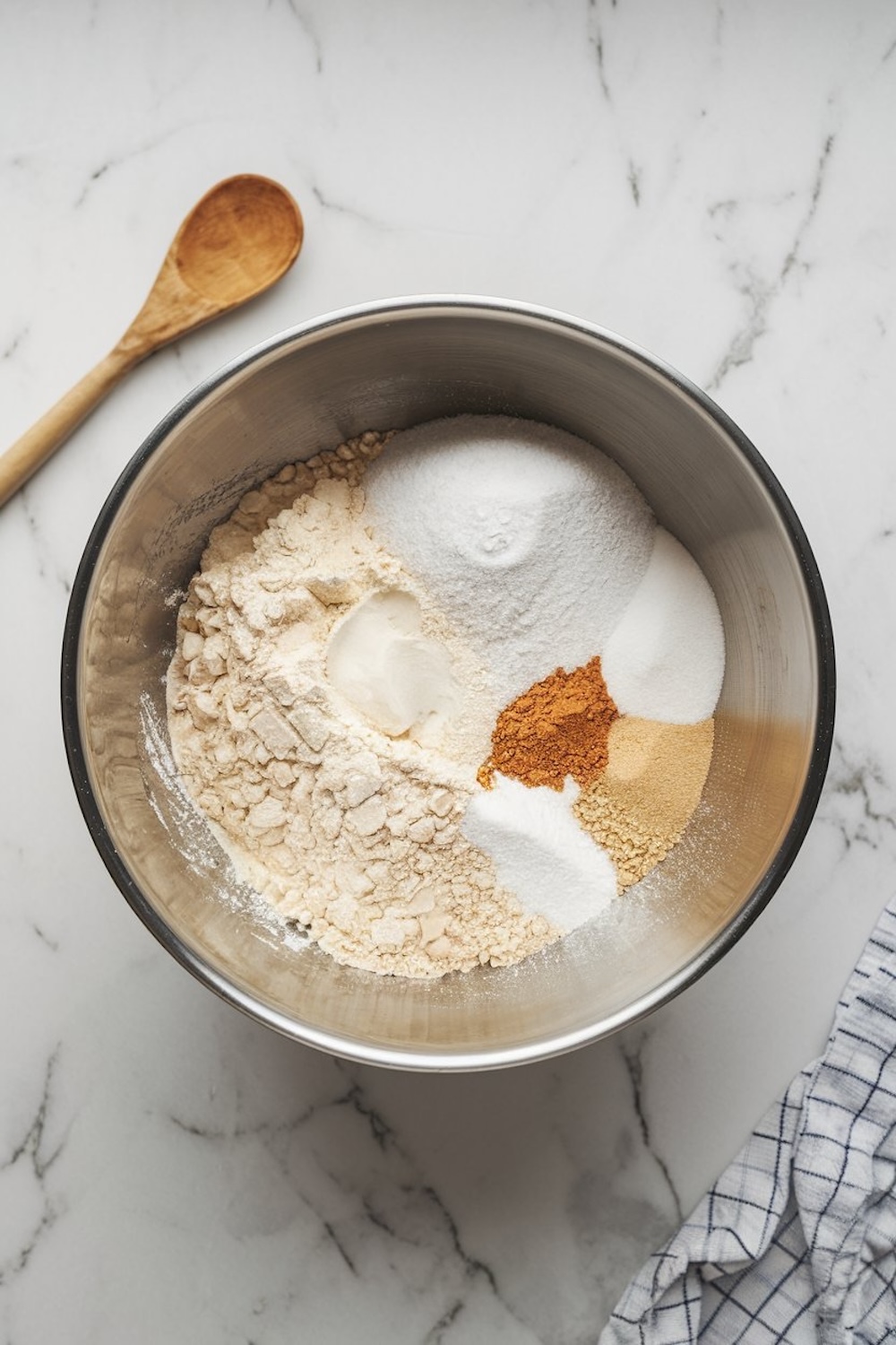 A stainless steel mixing bowl containing dry ingredients for donuts, including flour, sugar, and spices, arranged on a white marble surface next to a wooden spoon.