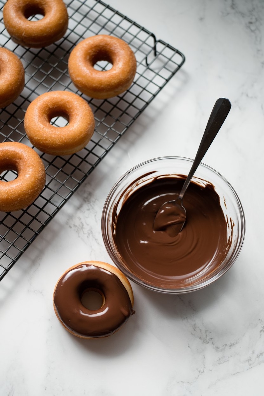 A glass bowl of melted chocolate next to plain donuts on a cooling rack, with one donut partially dipped into the chocolate glaze, highlighting the decorating process.