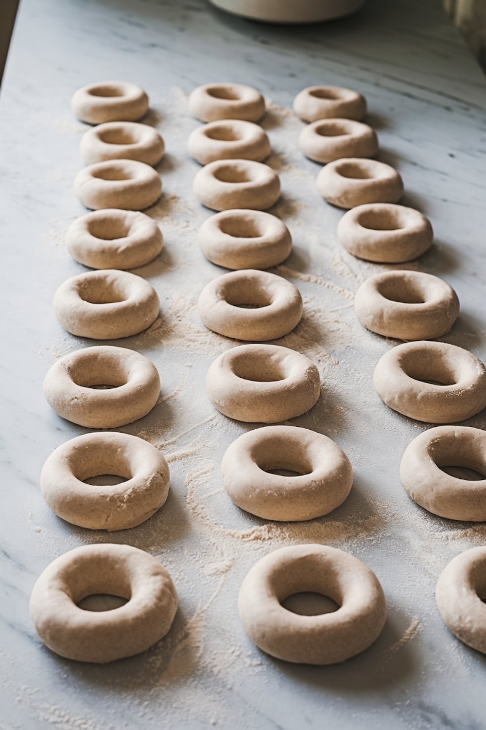 Rows of raw donut dough arranged on a floured marble countertop, ready for baking or frying, with a soft, airy texture visible.