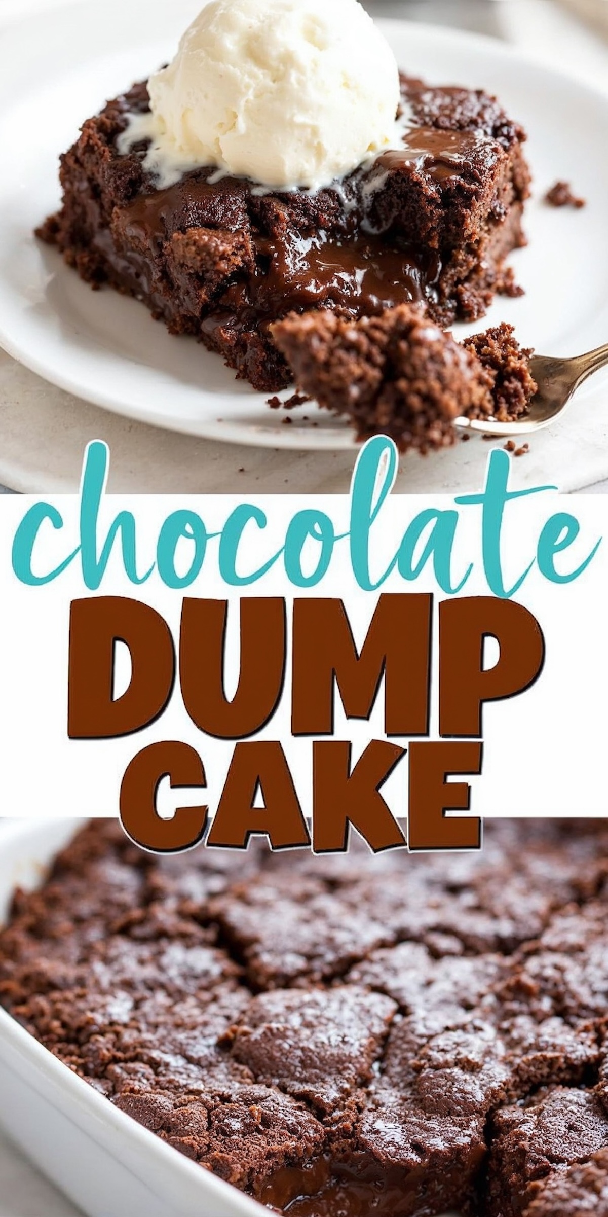 A slice of warm chocolate dump cake served on a white plate, dripping with molten chocolate. The fudgy, gooey interior contrasts with the slightly crisp top layer, making it a dessert that melts in your mouth.