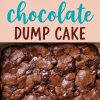 A top-down view of a perfectly baked chocolate dump cake in a rectangular pan. The crackled surface glistens with melted chocolate, hinting at the warm and gooey center inside.