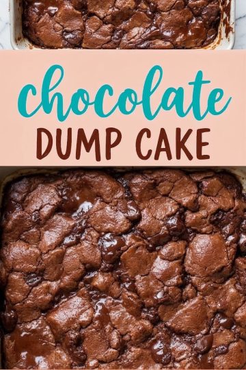 A top-down view of a perfectly baked chocolate dump cake in a rectangular pan. The crackled surface glistens with melted chocolate, hinting at the warm and gooey center inside.